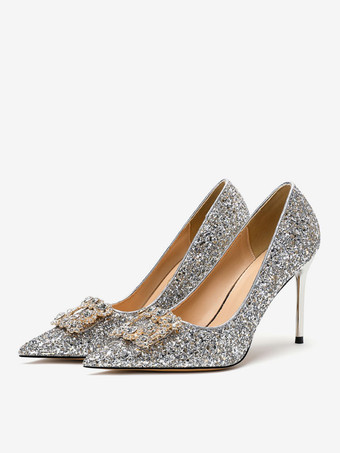 argent Chaussures De Mariage Escarpins De Mariée Tissu Pailleté Bout Pointu Strass