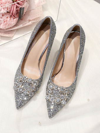 Chaussures De Mariage Escarpins De Mariée Tissu Pailleté Bout Pointu Strass