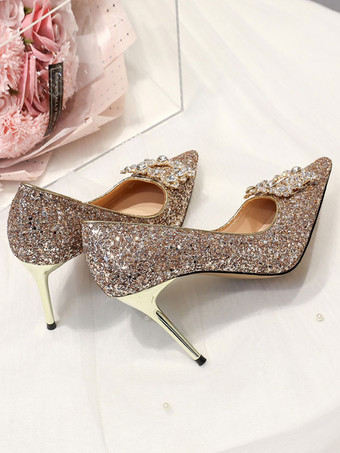 Chaussures De Mariage Escarpins De Mariée Tissu Pailleté Bout Pointu Strass