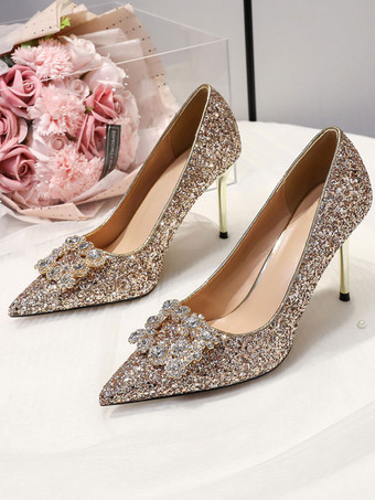 Chaussures De Mariage Escarpins De Mariée Tissu Pailleté Bout Pointu Strass