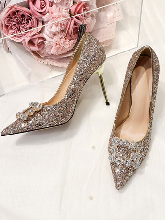 Chaussures De Mariage Escarpins De Mariée Tissu Pailleté Bout Pointu Strass