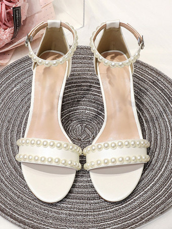 ホワイト ウェディング シューズ ハイヒール パール アンクル ストラップ ブライダル サンダル