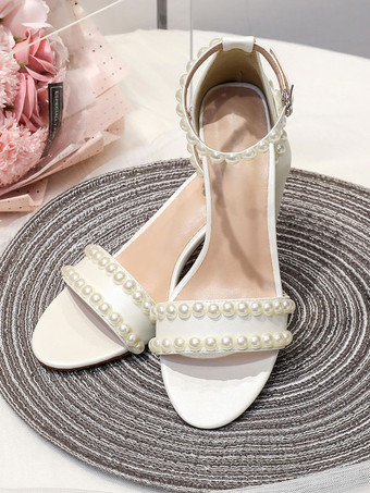 ホワイト ウェディング シューズ ハイヒール パール アンクル ストラップ ブライダル サンダル