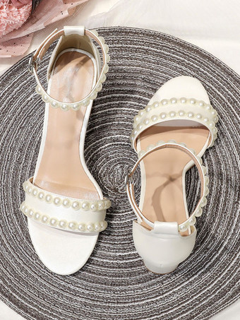 ホワイト ウェディング シューズ ハイヒール パール アンクル ストラップ ブライダル サンダル