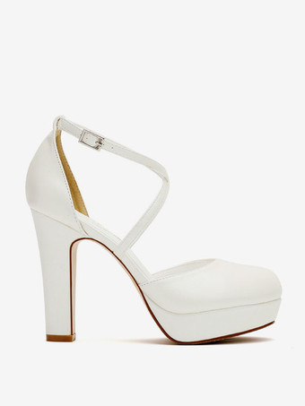 ホワイトウェディングシューズ サテンプラットフォーム ラウンドトゥ クリスクロス ブライダルパンプス