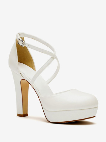 ホワイトウェディングシューズ サテンプラットフォーム ラウンドトゥ クリスクロス ブライダルパンプス