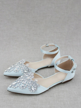 Zapatos de novia de satén con punta estrecha y diamantes de imitación para novia