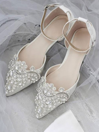 ホワイト サテンブライダルシューズ ポインテッドトゥ ラインストーン ブライダルフラット