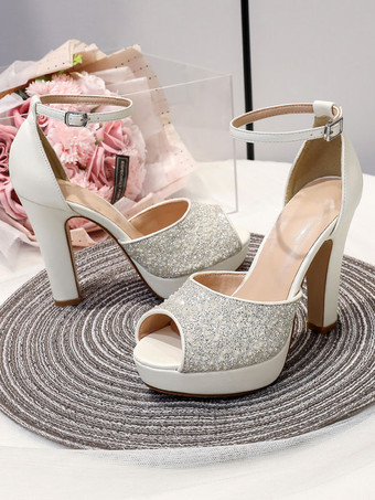 グリッターウェディングシューズ PUレザー ピープトウ パール ハイヒール ブライダルパンプス