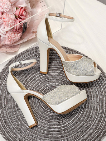 グリッターウェディングシューズ PUレザー ピープトウ パール ハイヒール ブライダルパンプス