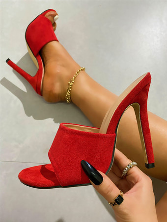 レッド 女性用ヒールサンダル ラウンドトゥ スティレットヒール ミュールサンダル