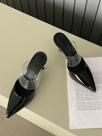 ブラック ウィメンズ スタッズ スリングバック スティレットヒール ミュール