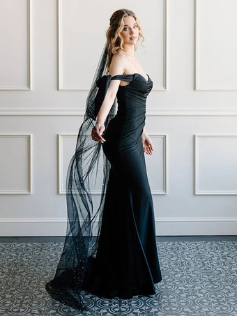 黒のウェディングドレスマーメイドノースリーブプリーツトレーンブライダルドレス無料カスタマイズ