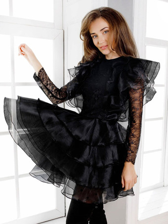 黒のウェディングドレスレース A ライン長袖ショートブライダルドレス無料カスタマイズ