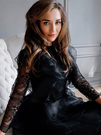 黒のウェディングドレスレース A ライン長袖ショートブライダルドレス無料カスタマイズ