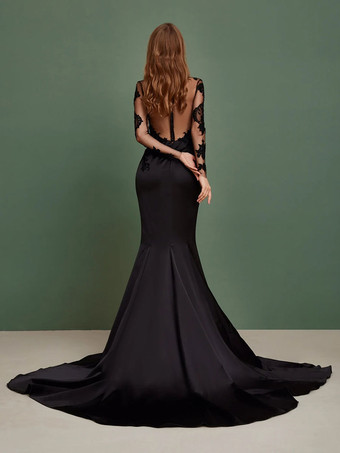 黒のウェディングドレスサテン生地マーメイド長袖レーストレインブライダルガウン無料カスタマイズ