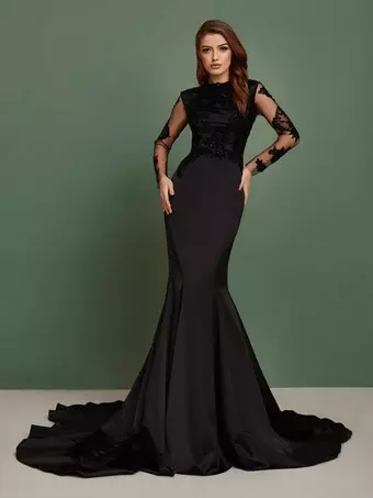 long sleeve black satin bridesmaid dresses Chiffon A-Line Long Bridesmaid Dress with Flutter Sleeves in Black, Black / 0 main image 0