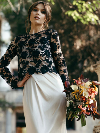 黒のシンプルなウェディングドレスマーメイド長袖レーストレインブライダルガウン無料カスタマイズ