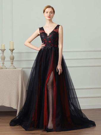 Black Red Wedding Gothic Dresses 2024 A-Line Sleeveless Split Front Lace  With Train Bridal Gown Free Customization