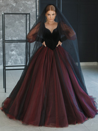 Black Red Gothic Wedding Dresses 2024 Tulle A-Line Long Sleeves Raised Waist With Train Bridal Gown Free Customization