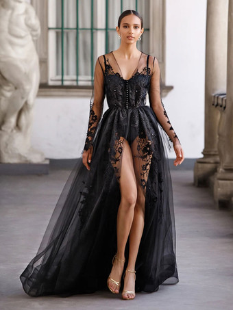 Vestidos de novia góticos negros 2024 Vestido de novia con cola y botones de manga larga personalización gratuita