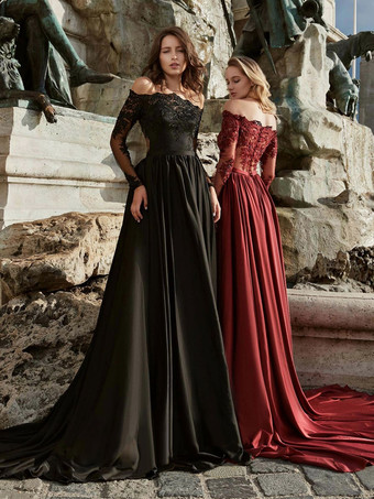 Черные готические свадебные платья 2024 A-Line с длинными рукавами и кружевом со шлейфом Свадебное платье Бесплатная настройка