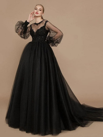 黒ゴシックウェディングドレスA ライン長袖レーストレーンブライダルドレス無料カスタマイズ