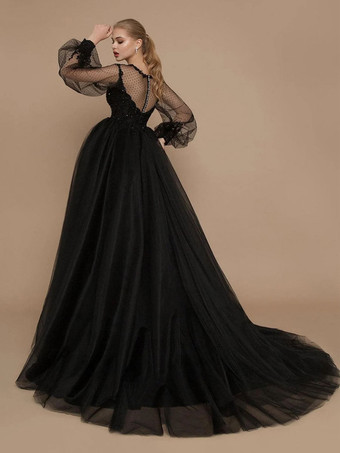 黒ゴシックウェディングドレスA ライン長袖レーストレーンブライダルドレス無料カスタマイズ