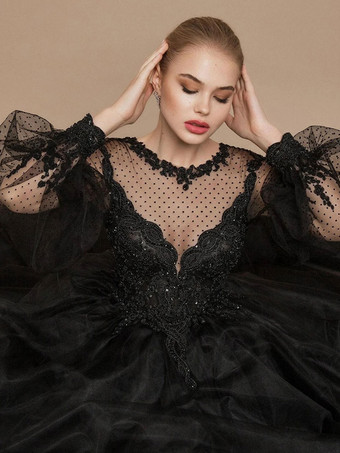 黒ゴシックウェディングドレスA ライン長袖レーストレーンブライダルドレス無料カスタマイズ