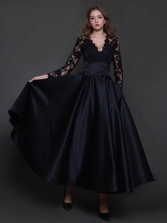 黒のウェディングドレスA ライン長袖レース足首までの長さのブライダルガウン無料カスタマイズ