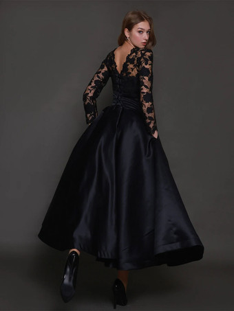 黒のウェディングドレスA ライン長袖レース足首までの長さのブライダルガウン無料カスタマイズ