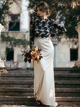 黒のシンプルなウェディングドレスマーメイド長袖レーストレインブライダルガウン無料カスタマイズ