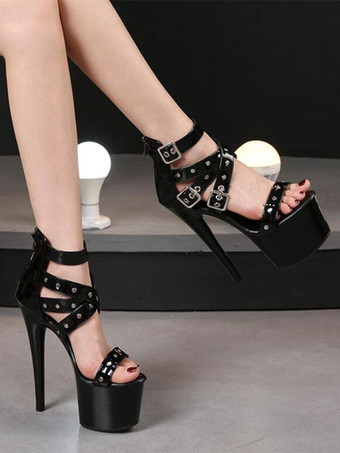 セクシー プリーザー ブーツ ブラック プラットフォーム ストラップ ハイヒール ポール ダンス シューズ