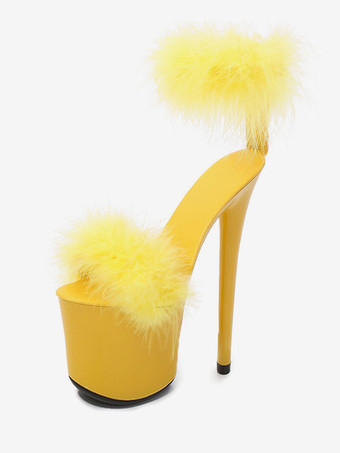 イエローブラック プリーザー ブーツ セクシー ハイヒール Platfrom フェイク フェザー ディテール ポール ダンス シューズ