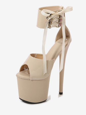 肌色セクシー ポール ダンス シューズ ハイヒール プラットフォーム レースアップ プリーザー ブーツ