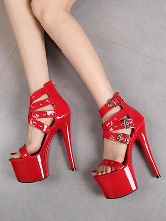 レッド セクシー プリーザー ブーツ ブラック プラットフォーム ストラップ ハイヒール ポール ダンス シューズ