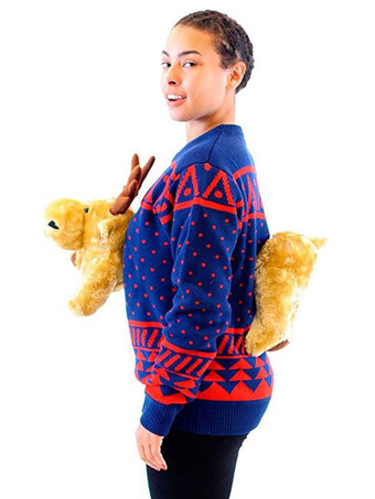 ブルー 女性の赤いクリスマス パターン ジュエル ネック長袖コットン セーターのプルオーバー