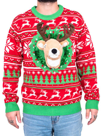 グリーン 女性の赤いクリスマス パターン ジュエル ネック長袖コットン セーターのプルオーバー