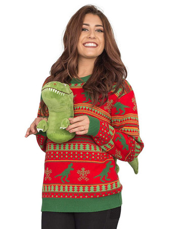 女性の赤いクリスマス パターン ジュエル ネック長袖コットン セーターのプルオーバー