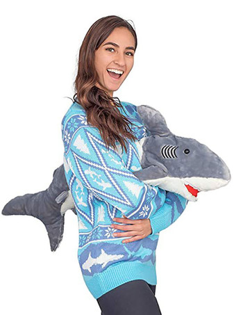 ライトスカイブルー女性の赤いクリスマス パターン ジュエル ネック長袖コットン セーターのプルオーバー