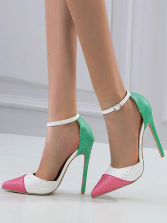 Women High Heels Pointed Toe Patchwork Ankle Strap Pumps