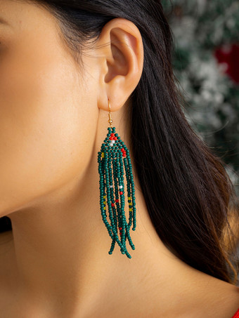 ダークグリーンイヤリング ホワイト ポンポン メタル ピアス レディース ジュエリー