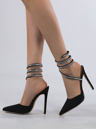 Black High Heels Women Rhinestones Pointed Toe Stiletto Heel Ankle Strap Pumps