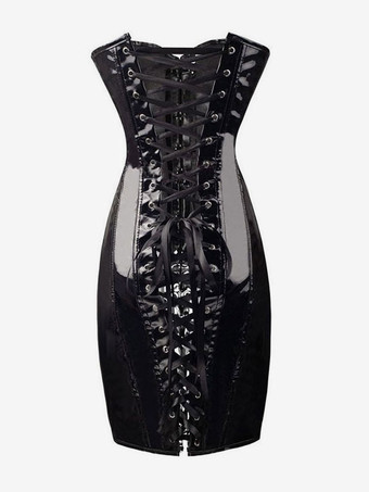 女性のためのクラブドレスブラックストラップレスレースアップノースリーブPUレザーセクシードレス