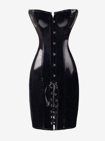 女性のためのクラブドレスブラックストラップレスレースアップノースリーブPUレザーセクシードレス