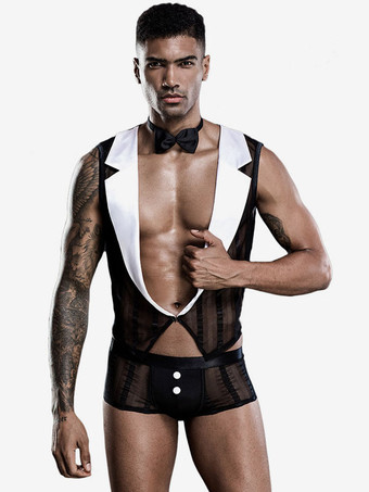 ブラック メンズセクシーコスチュームタキシードウエストコートパンツクラバットナイトクラブウェアセクシーランジェリーセット