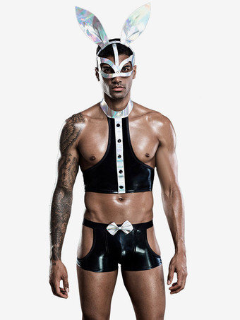 Nero Costume sexy da uomo Halloween Collant per adulti Copricapo Top in poliestere Night Club Wear Lingerie sexy