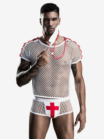 ホワイト 男性セクシーコスチュームハロウィン大人用トップパンツポリエステルナイトクラブウェアランジェリー