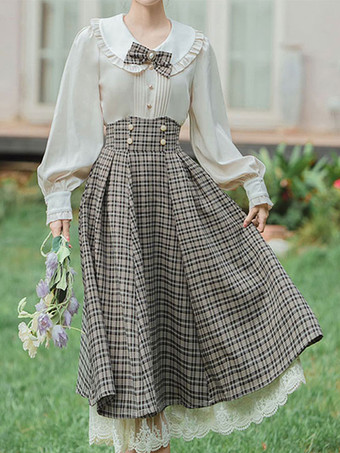 ブラック アカデミックロリータ衣装カーキレースフリルリボンチェック柄長袖スカートブラウス