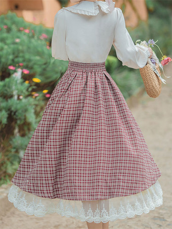 アカデミックロリータ衣装カーキレースフリルリボンチェック柄長袖スカートブラウス